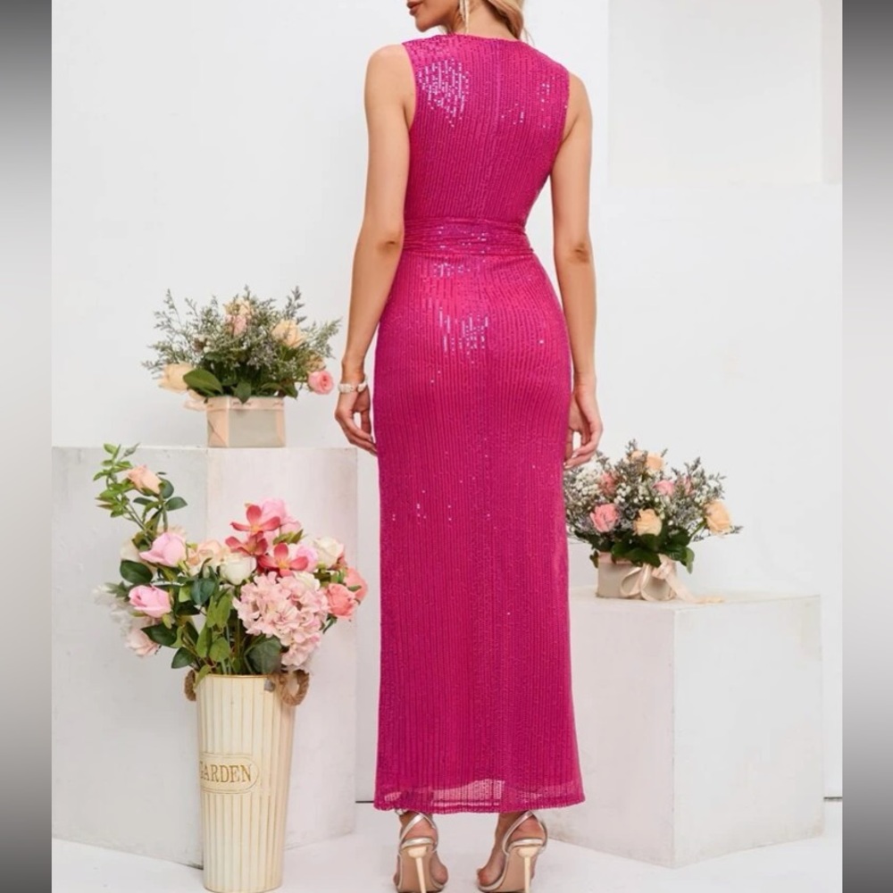 Luxe plunging V neck slit thigh party formal evening prom wedding sequins dress - Picture 3 of 6